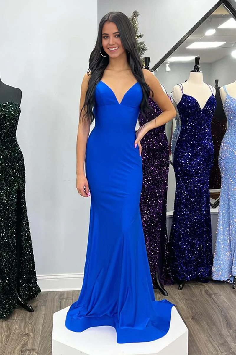 Mermaid V Neck Charming Royal Blue Satin Long Prom Dresses with Lace-up